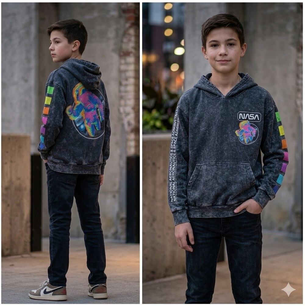 Hyper Space NASA Black Acid Wash Retro Style Hoodie Sweatshirt Size Small